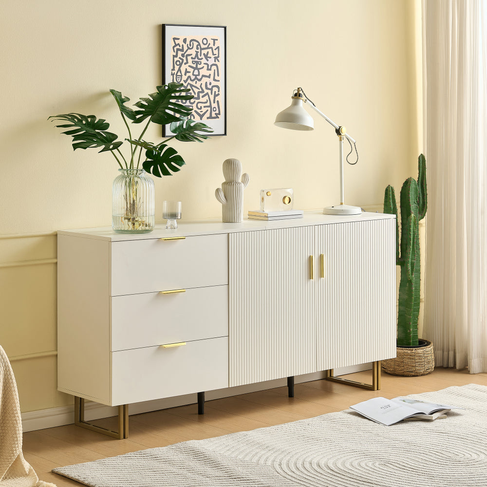 Dressoir – Opbergkast – Ladekast – Buffetkast – Sideboard – Modern Design – MDF Wit – 160 cm – Gouden Handgrepen – Robuuste Stalen Poten