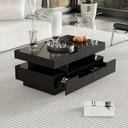 Modern Coffee Table with High-Gloss Black Finish - Large Living Room Center Table, 4 Drawers (Front & Back), Spacious Storage, Easy Assembly, for Living Room, Home Office, or Entertainment Spaces - Durable Furniture, Coffee T