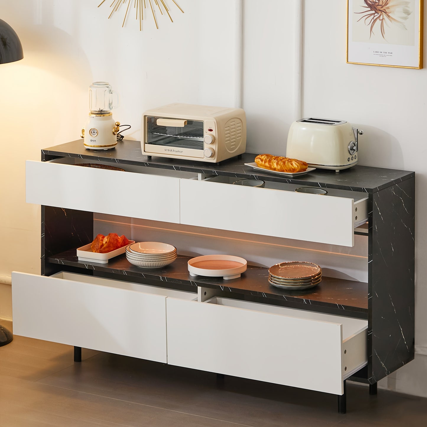 Sideboard – Dressoir – Opberger – Kast – Meubel – Zwart Marmerdesign – 4 Lades – Metalen Frame