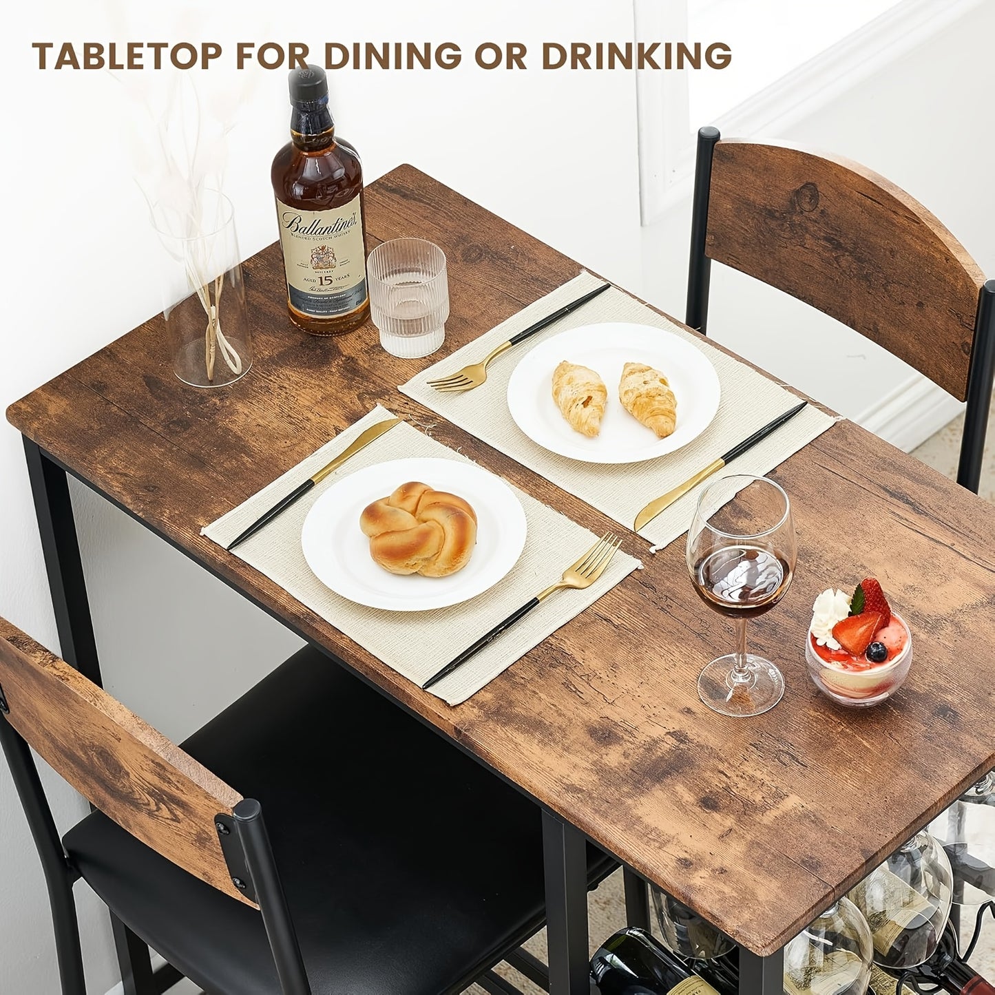 Bar Table Set for 2 with Footrest, Kitchen Dining Table with 2 Upholstered Chairs, Small Space Counter Height Barstools for Counter Bar, Sturdy and Durable, Easy to Assemble, Rustic Brown