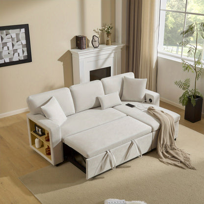 Hoekbankbed – Slaapbank – L-vormige Bank – Bedbank – Slaapbankbed – Lichtbeige Linnen – Opbergruimte – Compact & Comfortabel