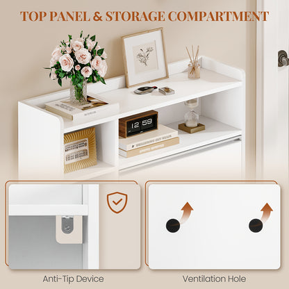 Narrow Shoe Cabinet with 2 Doors, Narrow Shoe Chest with 5 Open Compartments, Adjustable, Shoe Rack for 8-12 Pairs Of Shoes, for Hallways, Entrances, 84.7 X 24 X 102cm, White - QUORE