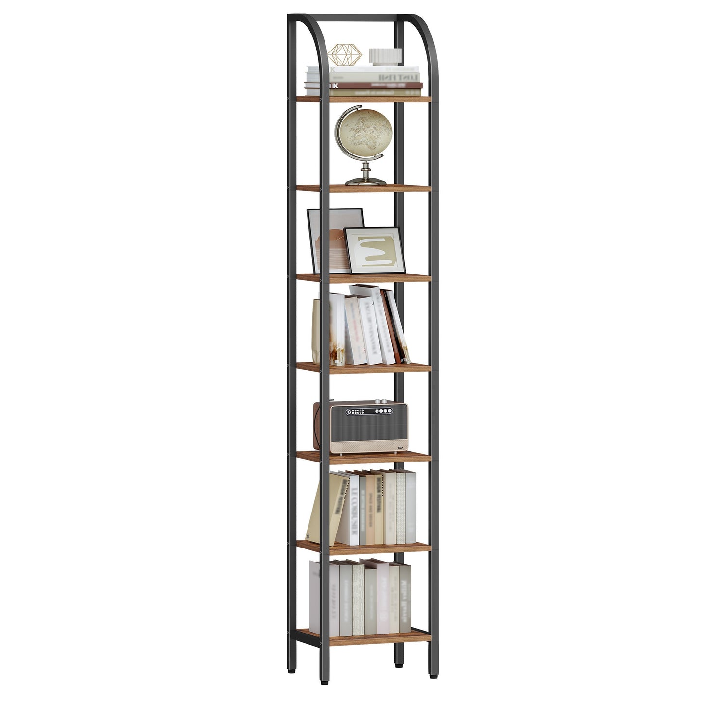 Boekenkast – Boekenrek – Vakkenkast – Opbergkast – Stellingkast – 7-laags vrijstaand – Industrieel vintage bruin en zwart – Slim smal design – Stevig metalen frame