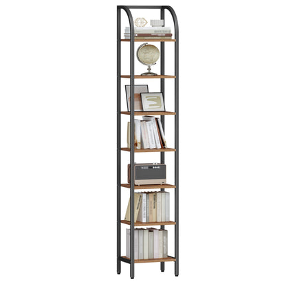 Boekenkast – Boekenrek – Vakkenkast – Opbergkast – Stellingkast – 7-laags vrijstaand – Industrieel vintage bruin en zwart – Slim smal design – Stevig metalen frame