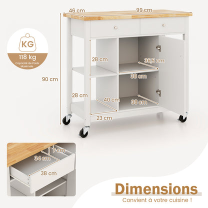 Mobiele Keukentrolley – Keukenwagen – Opbergwagen – Serveerwagen – Keukenkar – Verstelbare Plank – Duurzaam Rubberhout – 4 Zwenkwieltjes Met Rem