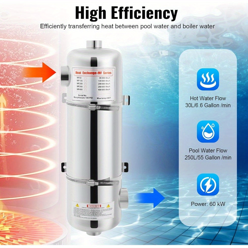 Zwembadverwarming – Zwembad Warmtewisselaar – Pool Heater – Zwembad Warmtepomp – Zwembad Verwarmingselement – Roestvrijstaal – 60 kW Vermogen – Compact Met Omgekeerde Stromingsrichting