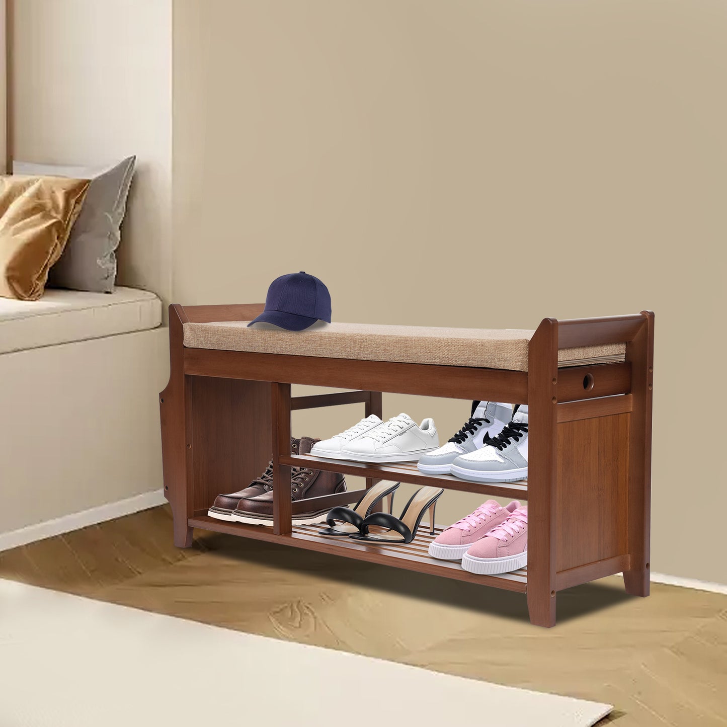 Schoenenbank – Schoenenrek – Halbank – Footstool – Opbergbank – Bamboe – Met Zitkussen en Lade – Stevig tot 150 kg
