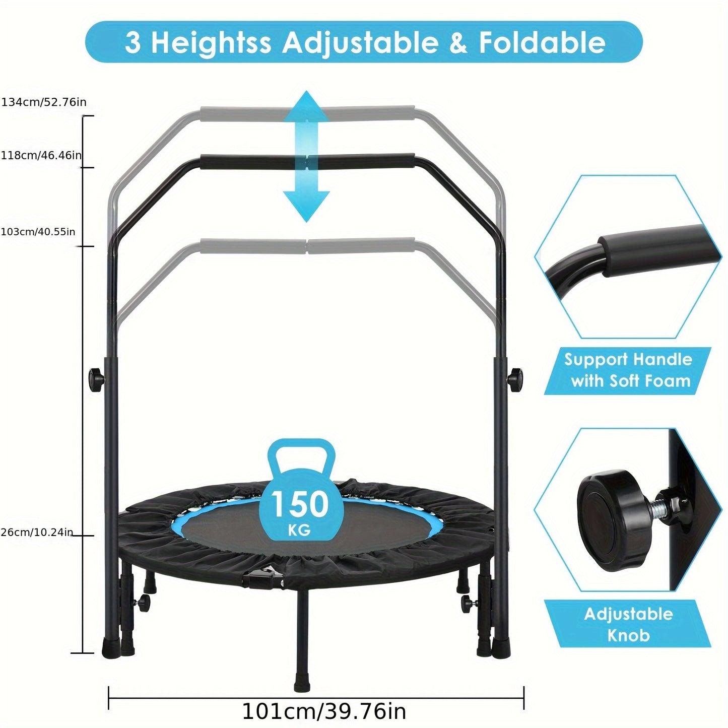 Indoor Trampoline – Fitness Trampoline – Springmat – Trainingsapparaat – Jumping Trampoline – Opvouwbaar – Diameter 101 cm – Verstelbare Handrail Hoogte – Belastbaar Tot 150 kg