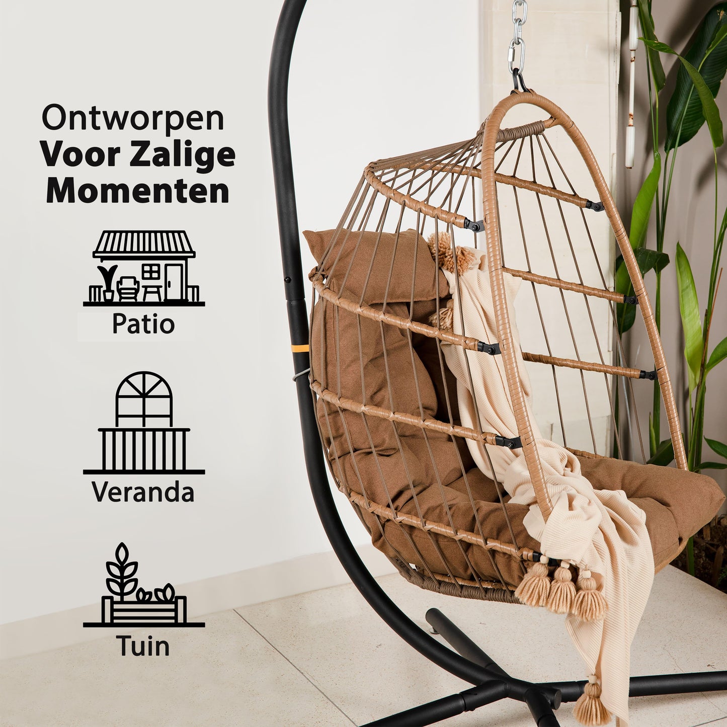Hangende Ei-stoel – Hangstoel – Schommelstoel – Tuinstoel – Relaxstoel – Met Standaard – Draagvermogen 250 kg – Poedergecoat Stalen Frame