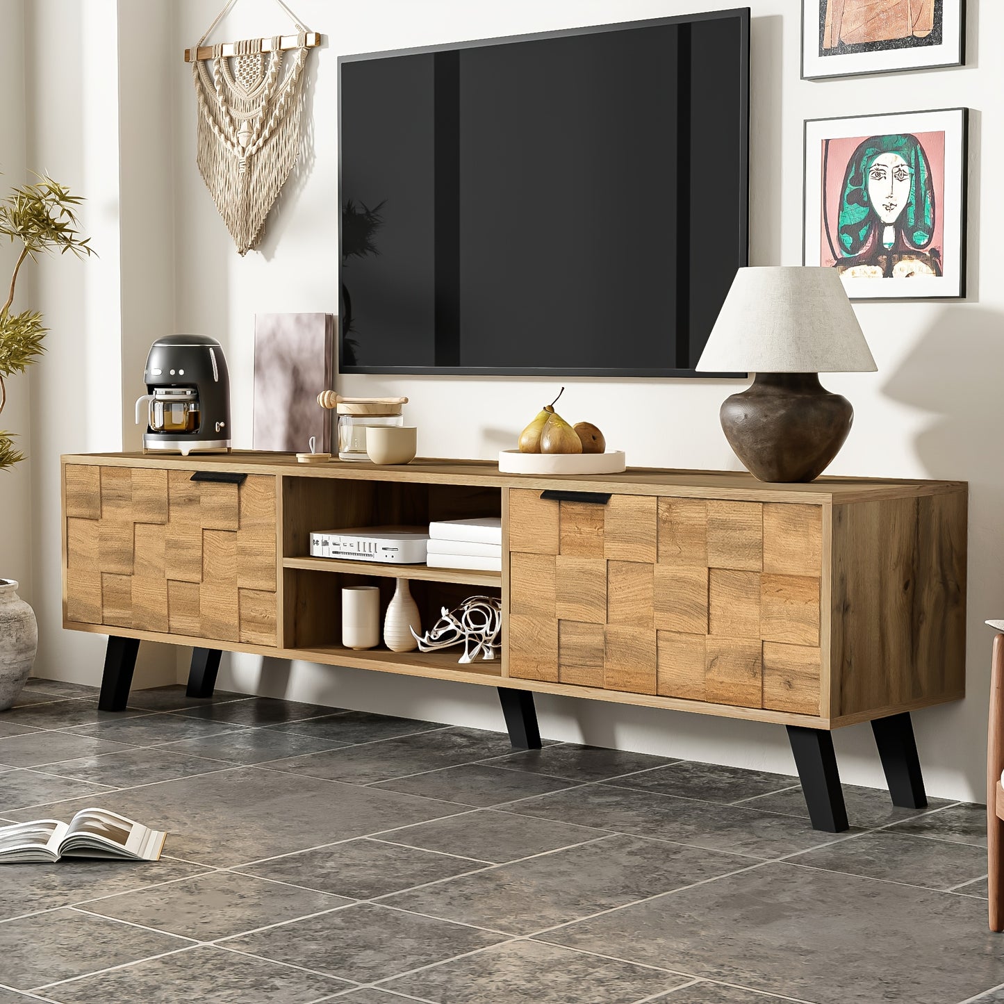 TV-Meubel – Tv-Kast – Mediameubel – Dressoir – Houten Meubel – Natuurlijk Hout – 160 cm Breed – 2 Deuren & 2 Open Vakken