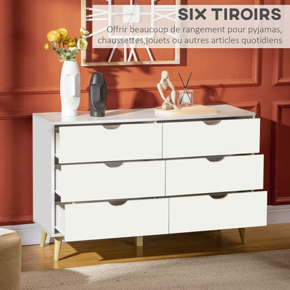 Commode – Ladekast – Opbergkast – Dressoir – Kast – 6 Lades – Scandinavisch Design – Wit Met Houten Poten – 120x40x76 cm – Stevig & Ruim