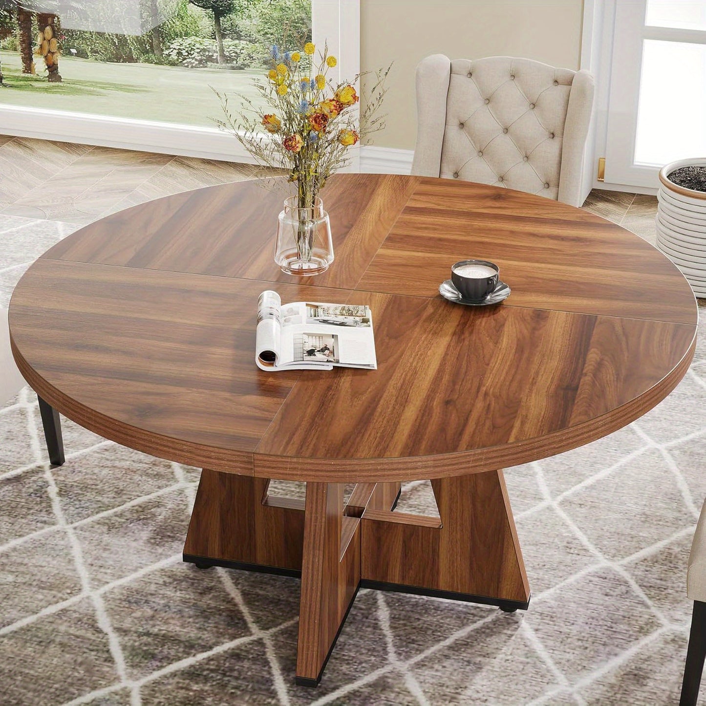 Eettafel – Ronde Tafel – Eetkamertafel – Houten Tafel – Ronde Eettafel – 119 cm Diameter – Walnoot Hout – Stevige Pedestal Onderstel