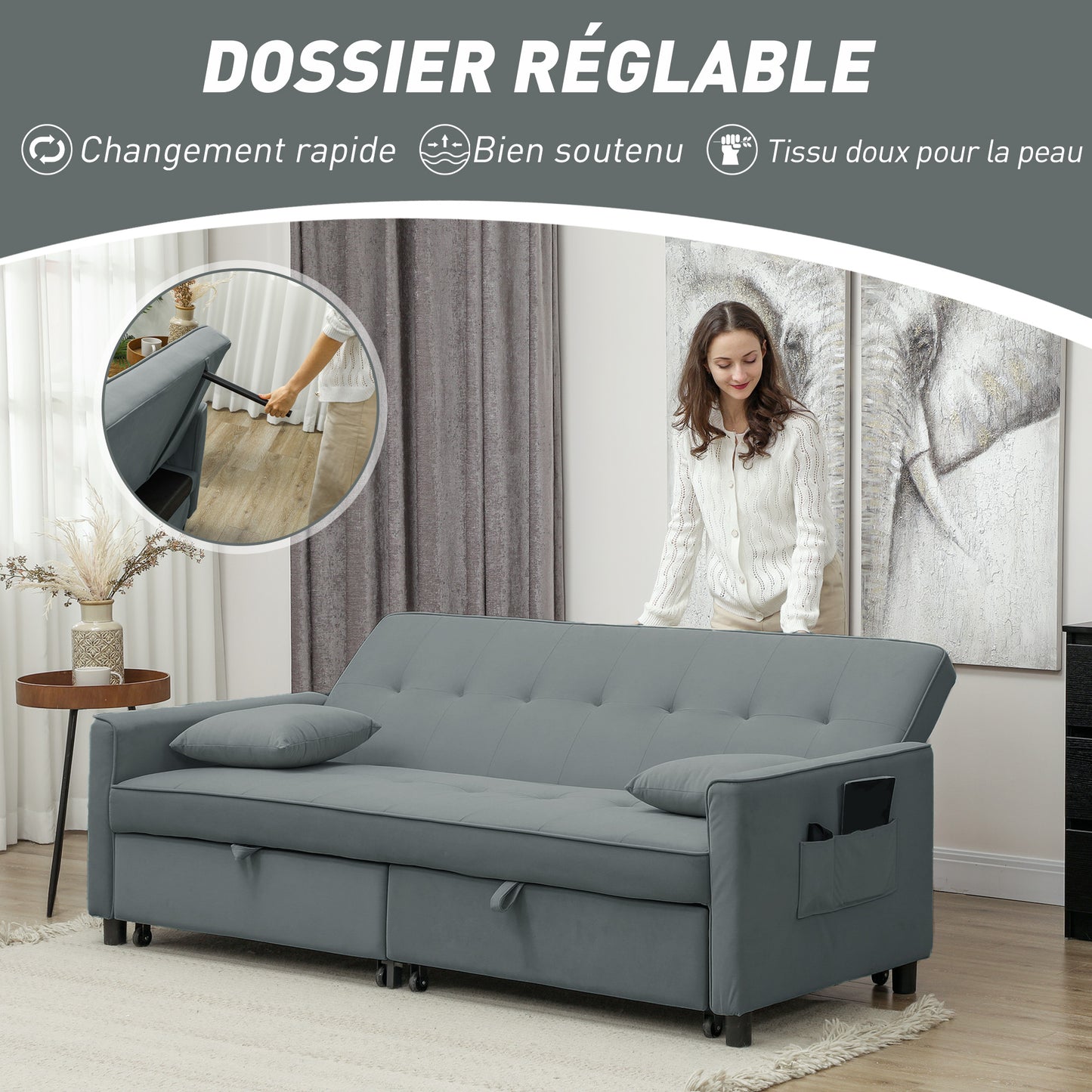 Slaapbank – Bedbank – Bankbed – Logeerbed – Sofa – 3-zits – Velours Bekleding – Verstelbare Rugleuning