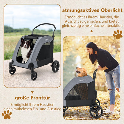 Hondenwagen – Hondenbuggy – Huisdier Trolley – Dierenwagen – Hondenwagen Opvouwbaar – Voor Middelgrote en Grote Honden – Met Mesh Ramen en Verstelbaar Handvat – Grijs