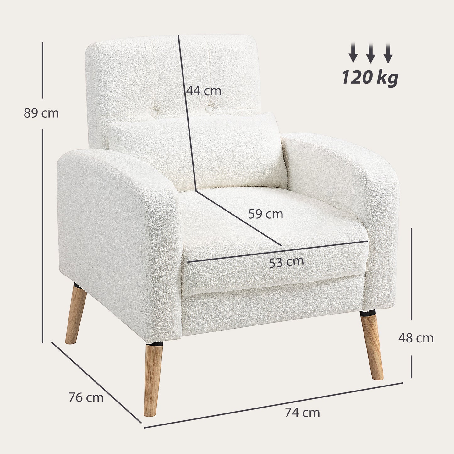 Fauteuil – Armstoel – Zetel – Leunstoel – Clubstoel – Modern Design – Rubberhouten Pootjes – Lendensteunkussen – Wit