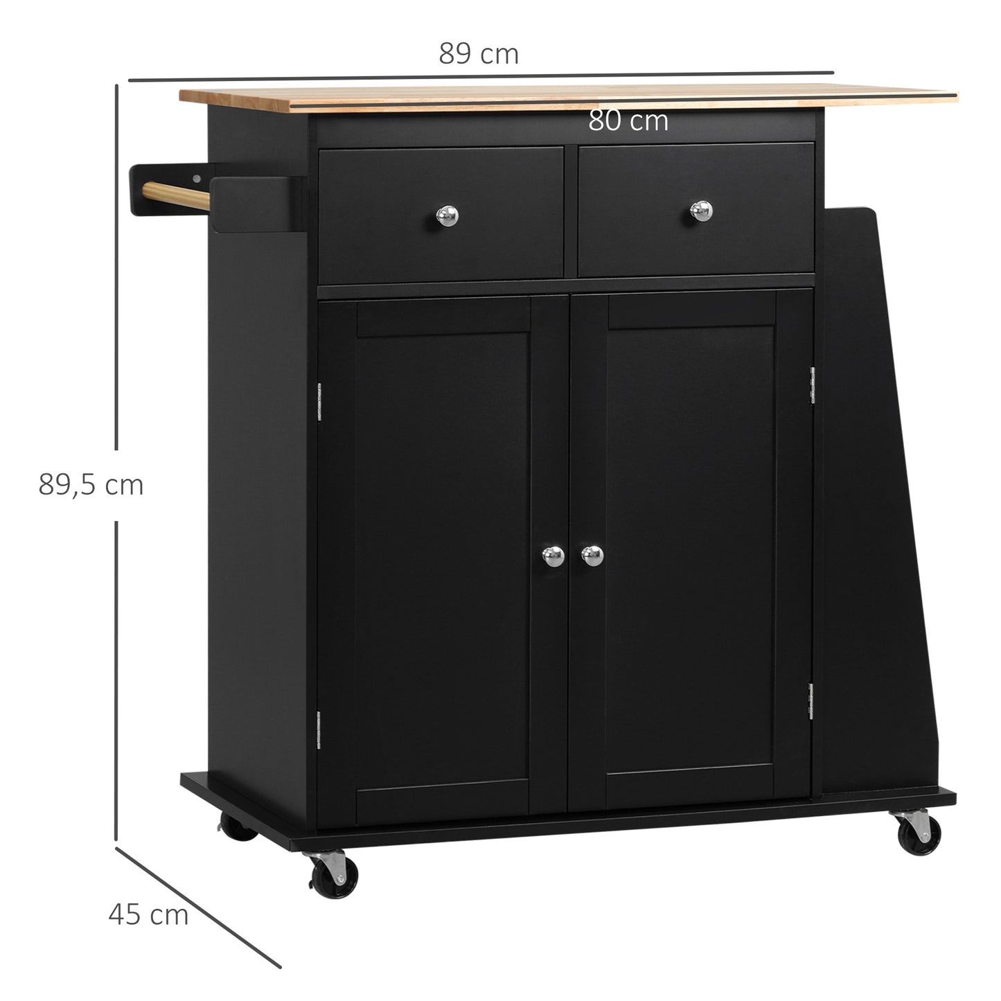 Keukeneiland – Keukentrolley – Serveerwagen – Buffetkast – Keukenkast – Bicolor Zwart-Beukenhout – Verstelbare Plank – Wielen Met Remmen