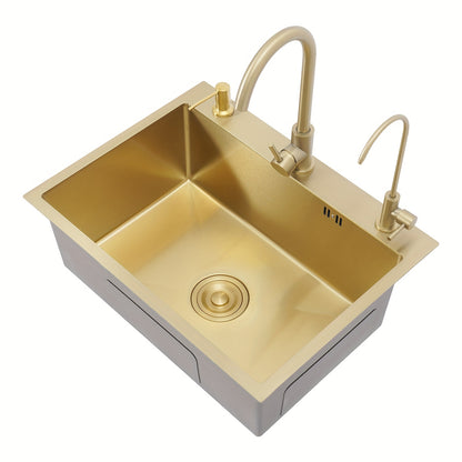 Enkele Spoelbak – Keukenspoelbak – Inbouwspoelbak – Onderbouwspoelbak – RVS Goudkleurig – 60x45 cm – Inclusief 2 Kraan Gaten, Zeepdispenser en Afloopmandje