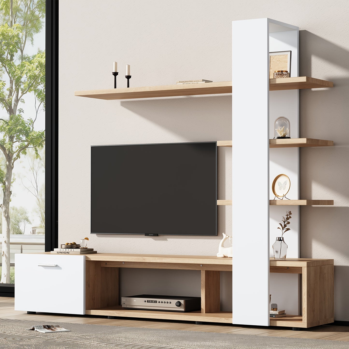 Woonkamermeubelset – Tv-meubel – Wandmeubel – Mediameubel – Kastenset – Wit – Geschikt Voor Tv’s Tot 152,4 cm – Duurzaam Bamboe – Veel Opbergruimte