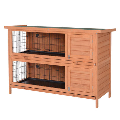 Double-Story Small Animal Hutch with Ramp & Removable Ramp Door - Sturdy Fir Wood Guinea Pig Cage, Rabbit House with Lower Storage Shelf, Spacious Two-Level Design, Easy-Clean Sliding Tray & Ventilation Mesh - 53.5"x19.7"x36.