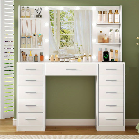 Kaptafel – Make-up Tafel – Dressing Table – Cosmeticatafel – Make-up Meubel – Wit – LED Verlichting – 11 Laden en Stopcontact