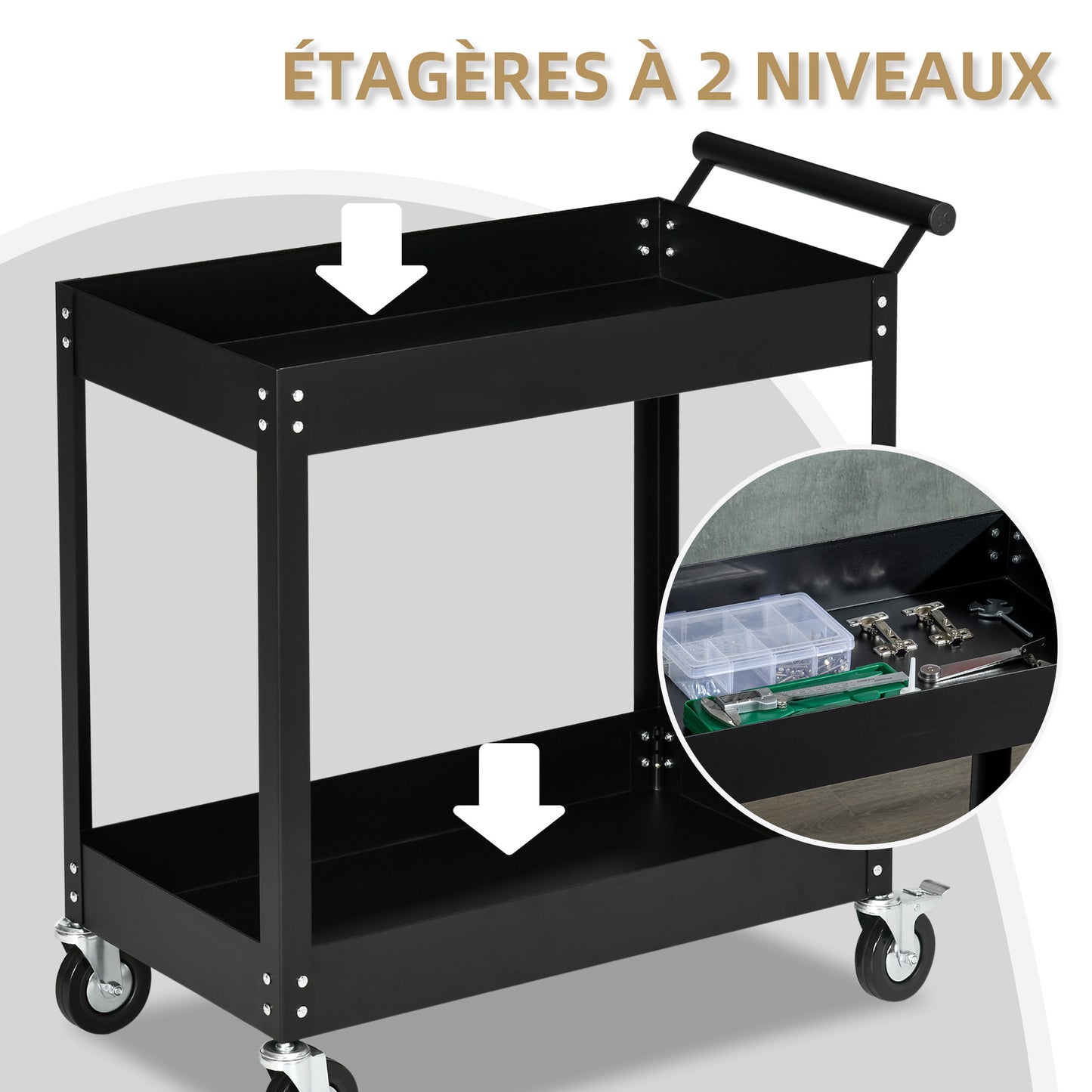 Werkplaatswagen – Gereedschapswagen – Werkplaatskar – Trolley – Opbergwagen – 2 Planken – Staal – Max. 150 kg – Zwenkwielen – Handgreep – Compact 84,5x38x84 cm – Zwart