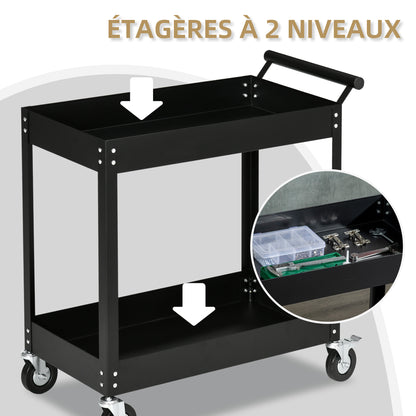 Werkplaatswagen – Gereedschapswagen – Werkplaatskar – Trolley – Opbergwagen – 2 Planken – Staal – Max. 150 kg – Zwenkwielen – Handgreep – Compact 84,5x38x84 cm – Zwart