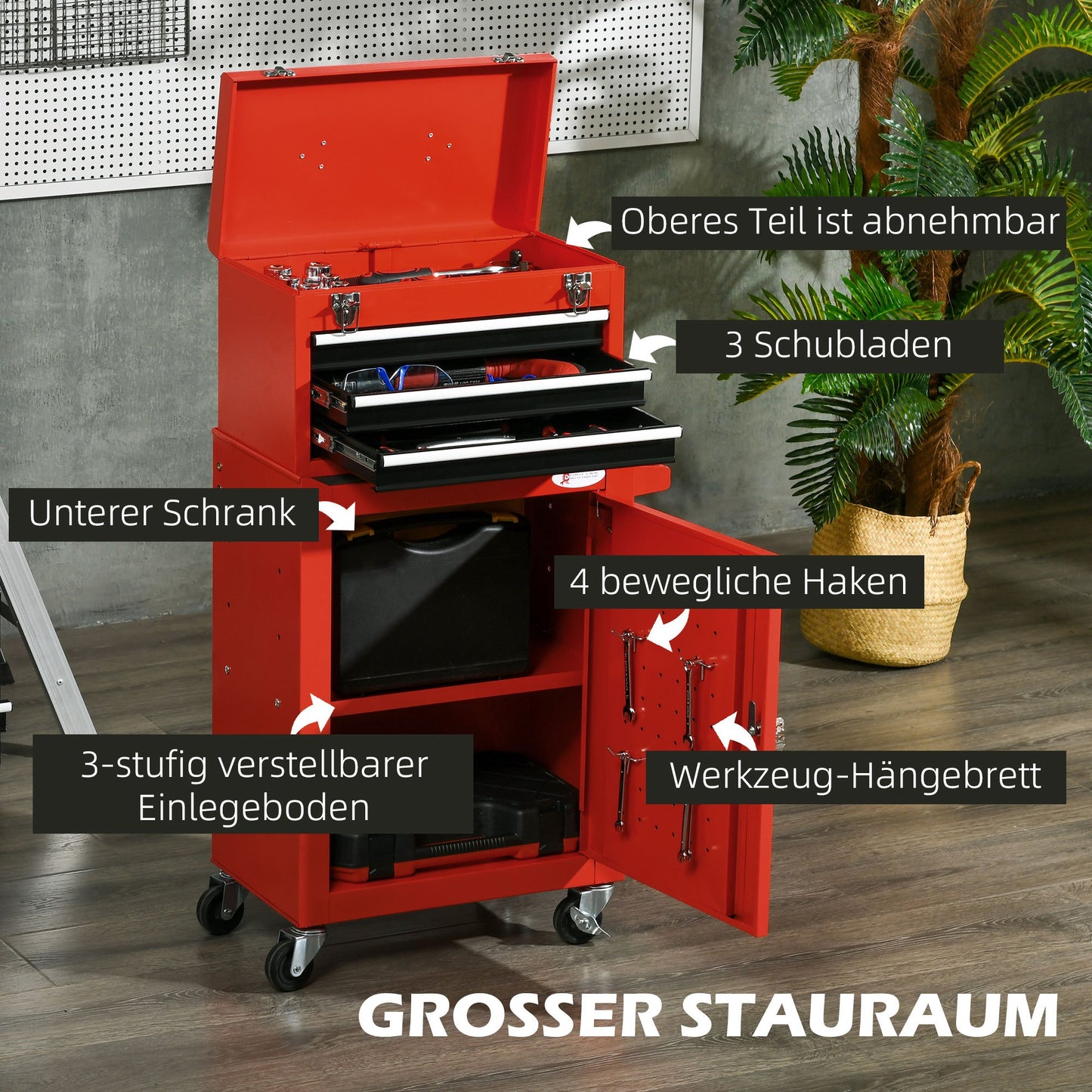Gereedschapskoffer – Gereedschapstrolley – Opbergtrolley – Werkplaatswagen – Sorteerbox – 2-in-1 Afneembare Kist – Verstelbare Laden Met EVA Bescherming