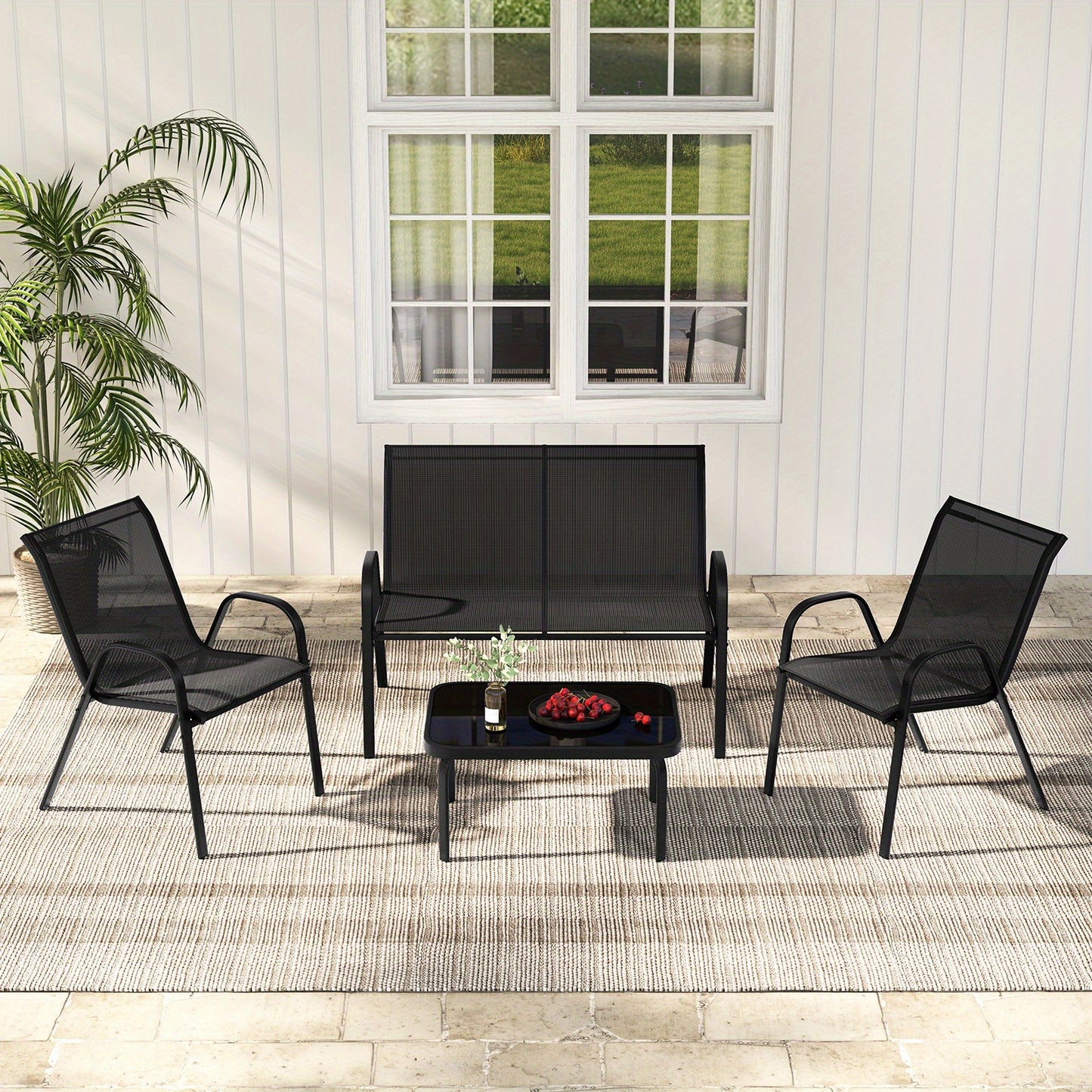 Tuinset – Loungeset – Bistroset – Zitgroep – Fauteuilset – Metalen Frame – Weerbestendige Stof – Temperatuurglas Tafelblad