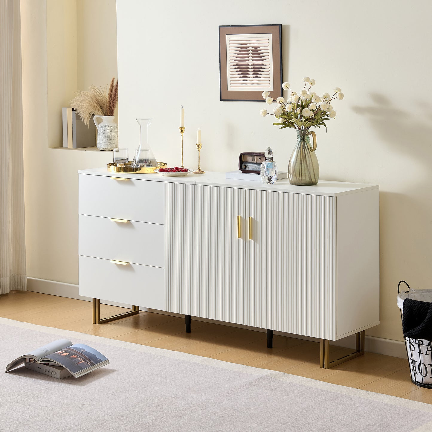 BTM Sideboard White Modern with 3 Drawers And 2 Doors, Dresser with Golden Handles And Stable Metal Legs, Storage Cabinet Made offor Living Room Dining Room, 160×40×81.5 Cm