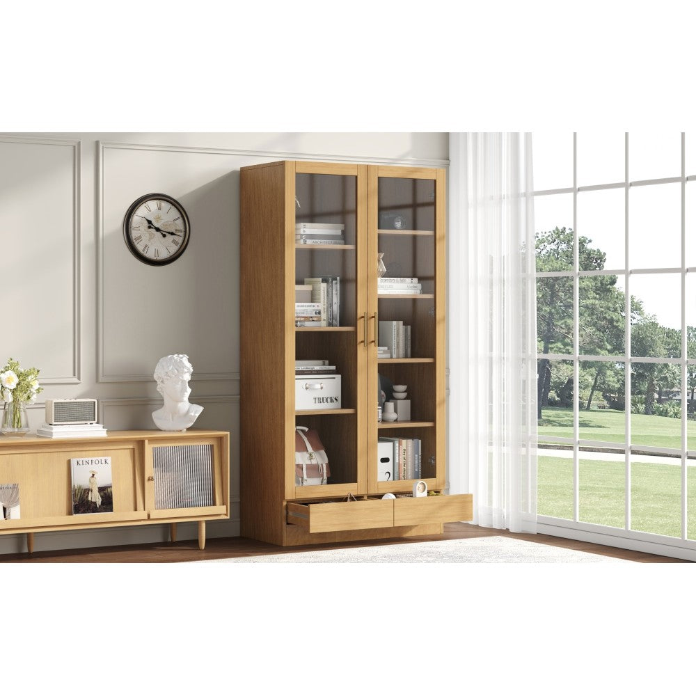 Vitrinekast Modern – Glazen Kast – Boekenkast – Opbergkast – Displaykast – Natuurlijk Houten Frame – Vrijstaand Met Push-to-Open Lades – 80x40x160 cm