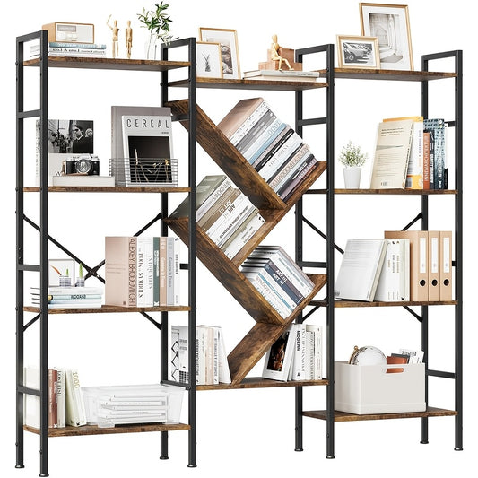 Industrial 4-Tier Large Bookcase with 14 Shelves - Heavy-Duty & Metal Frame Bookshelf, Rustic Storage Shelf Suitable for Living Room, Bedroom, Office - Assembly, Space-Saving Freestanding Furniture
