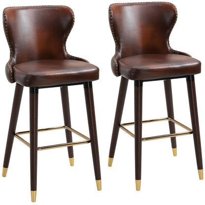 Barstoel – Barkruk – Barstoelen – Keukenstoel – Counterstoel – Set Van 2 – PU Bruin – Met Rugleuning En Voetensteun – Metalen Poten Met Gouden Afwerking – Compact Ontwerp 52x53x101 cm