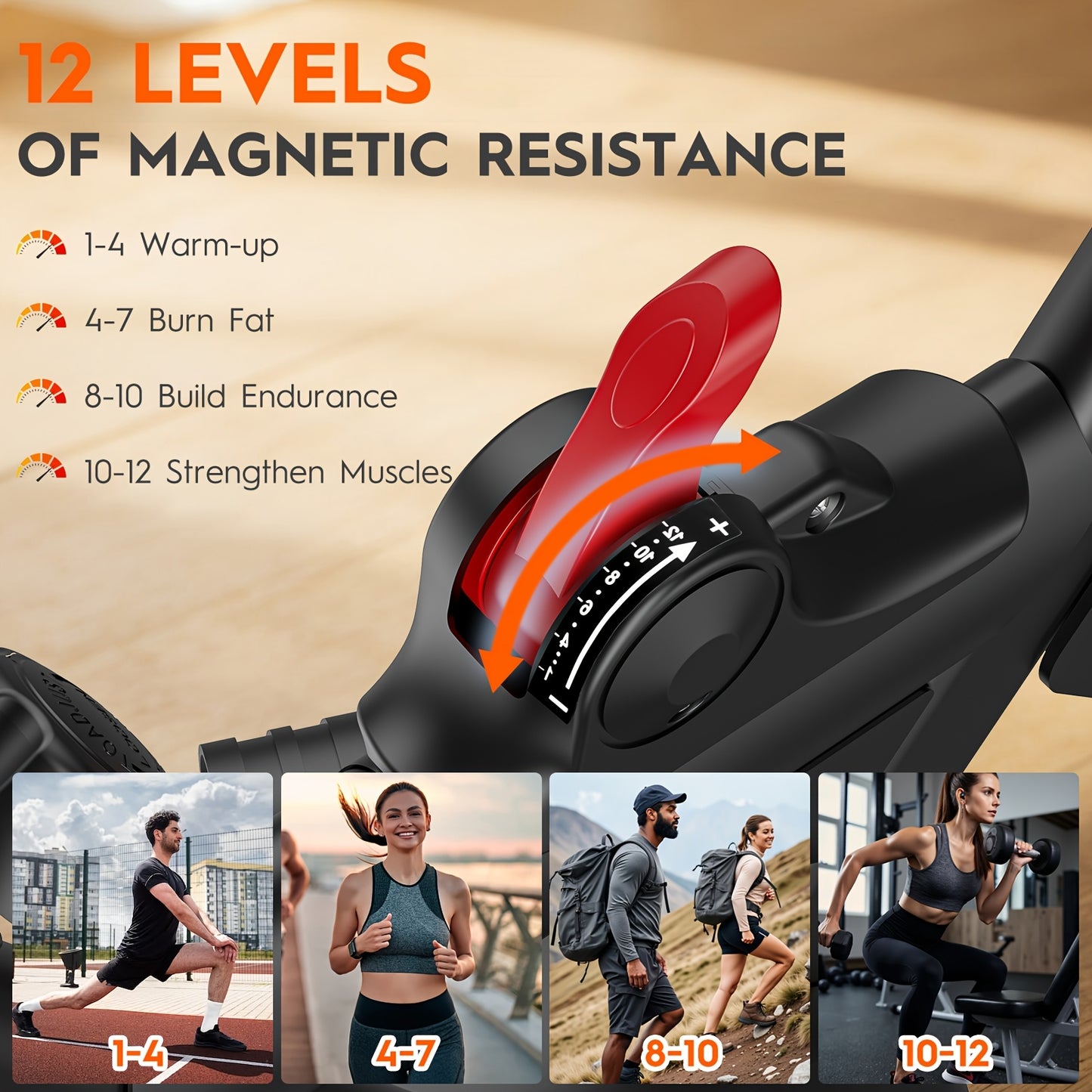 1 Foldable Silent Exercise Bike | Magnetic Resistance, 12-Speed Intelligent Adjustment, 150KG Load-bearing Capacity, Includes Arm Pull Rope, Full Body Shaping, Iron Frame, Without Battery