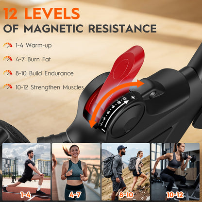 1 Foldable Silent Exercise Bike | Magnetic Resistance, 12-Speed Intelligent Adjustment, 150KG Load-bearing Capacity, Includes Arm Pull Rope, Full Body Shaping, Iron Frame, Without Battery