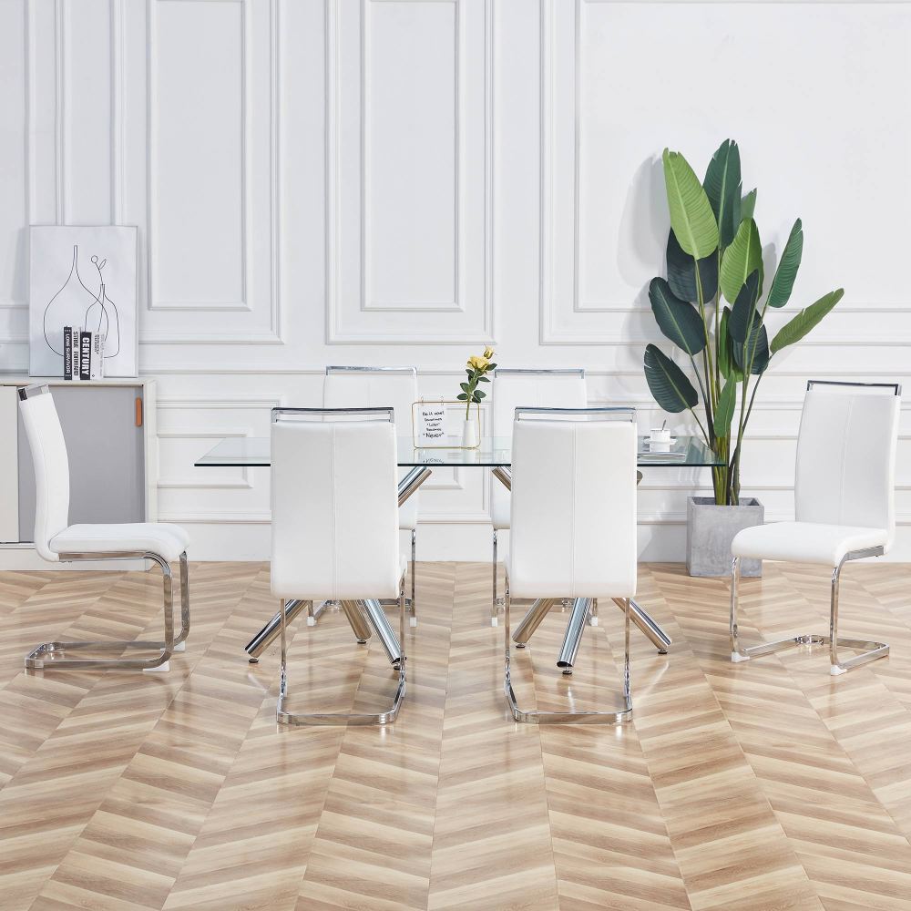 Bar stool, free-swinging chair, chrome-plated metal frame, weight capacity 120kg, padded seat, faux leather upholstery, white (set of 4)