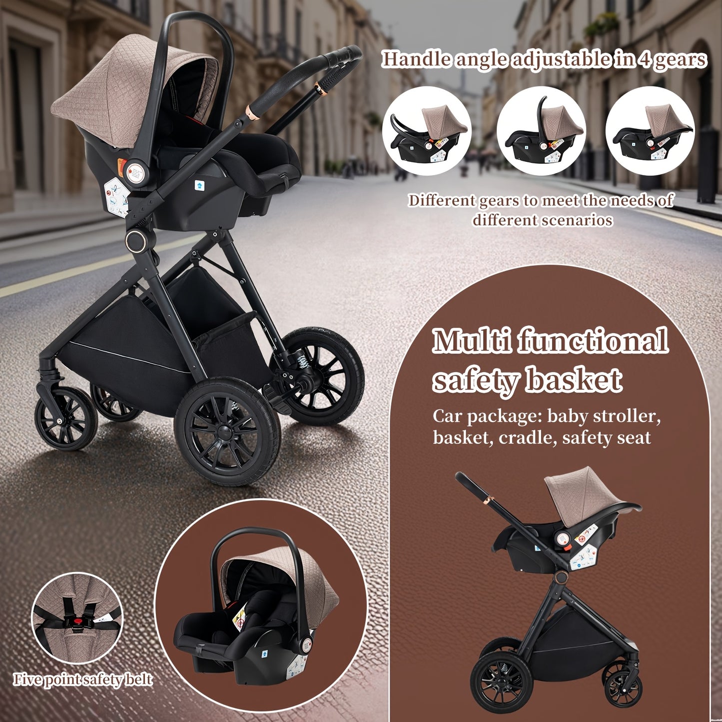 3-in-1 Kinderwagen – Buggy – Combi Stroller – Baby Bed – Wandelwagen – Aluminium Frame – Eén-Klik Inklapbaar – Geschikt Voor Pasgeborenen – Zwart