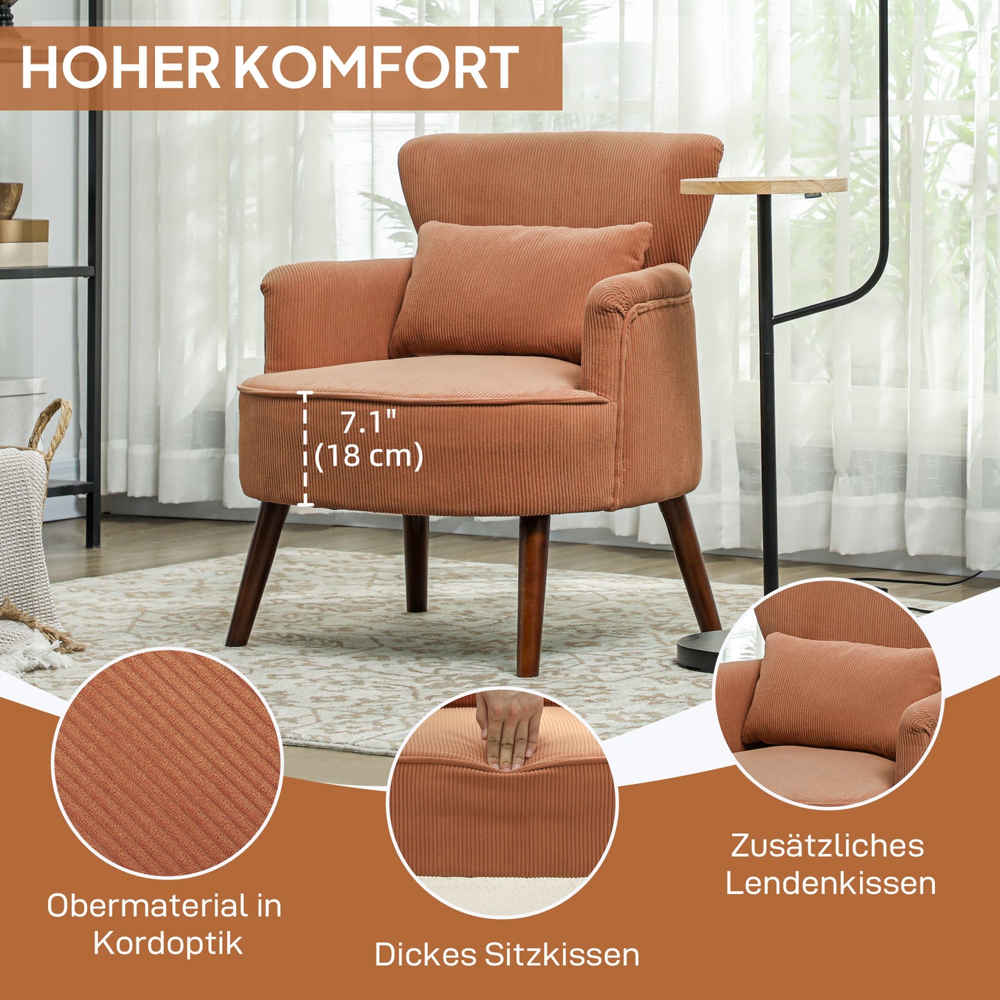 Oranje Fauteuil – Moderne Stoel – Accentstoel – Zetel – Relaxfauteuil – Met Lendenkussen – Stevige Rubberhouten Poten