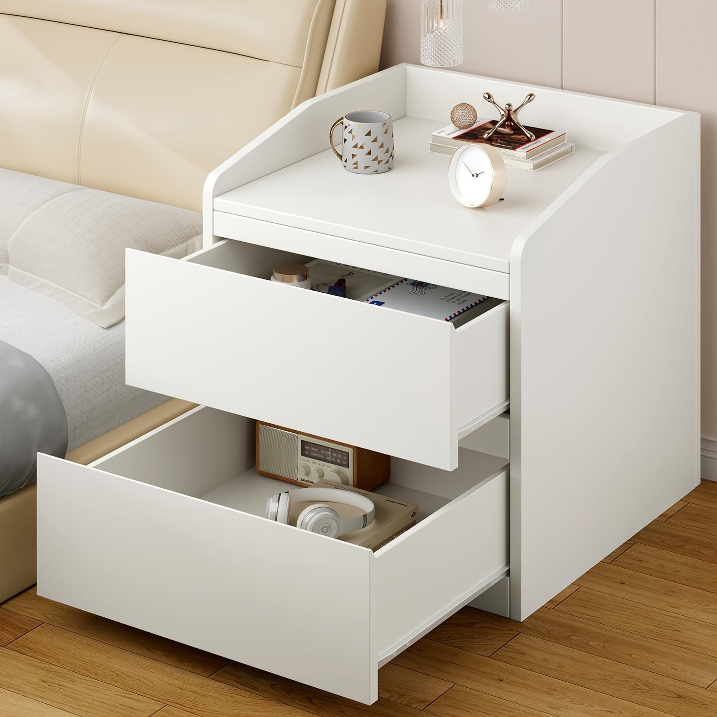 Nachtkastje – Bijzettafel – Opbergkastje – Ladekast – Wandkast – Modern Wit – Metalen Frame – Handgreeploos Design – 2 Ruime Lades – Eenvoudig Te Monteren – Duurzaam MDF