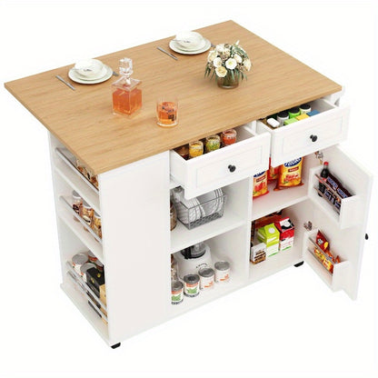 Keukeneiland – Keukenkast – Eilandwagen – Buffetkast – Dressoir – Met Verwijderbare Scheidingswanden – Houten Werkblad – Met Snackbarhouder en Wijnglasrek – Wit