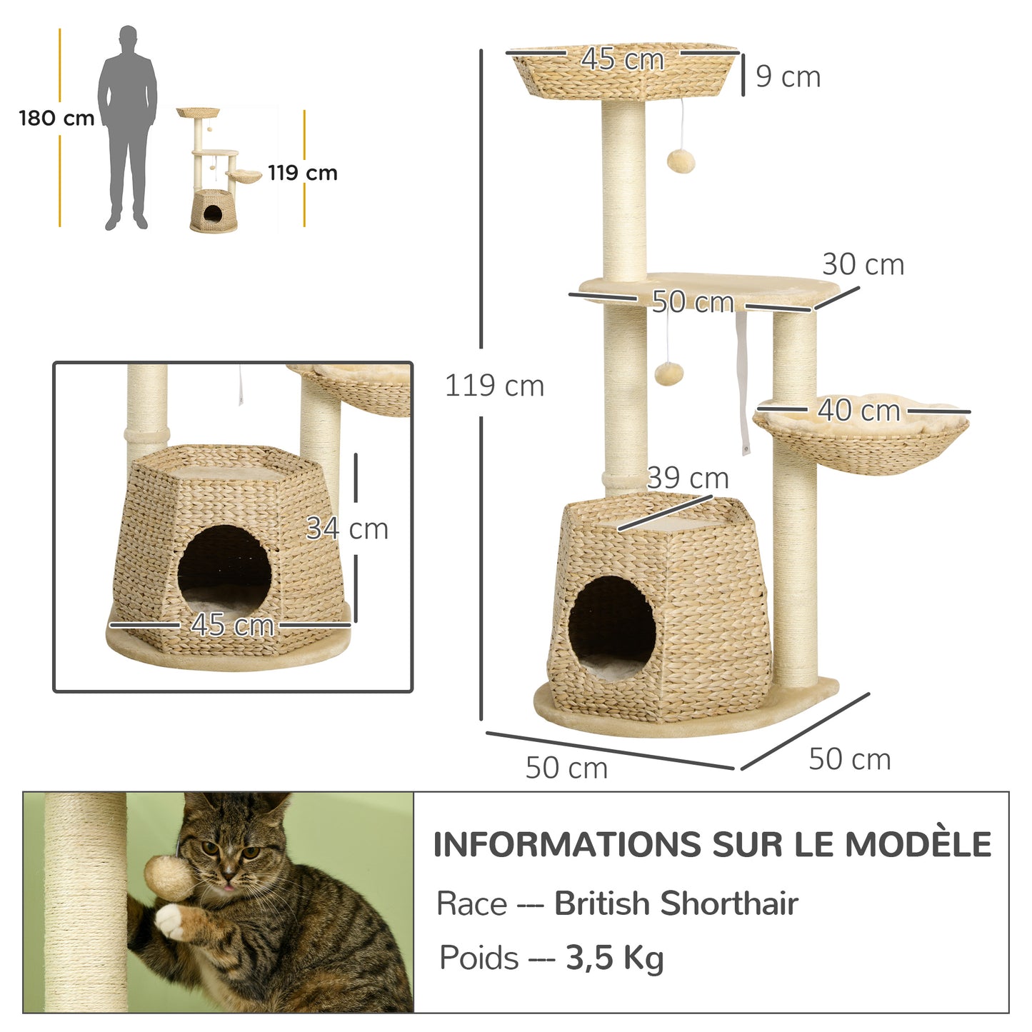 Krabpaal – Kattenboom – Kattenhuis – Krabmeubel – Kattentoren – 119 cm Hoog – Versterkte Palen & Inclusief Hangmat