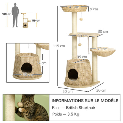 Krabpaal – Kattenboom – Kattenhuis – Krabmeubel – Kattentoren – 119 cm Hoog – Versterkte Palen & Inclusief Hangmat