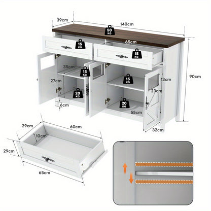 Dressoir – Buffetkast – Opbergkast – Sideboard – Ladekast – 140 cm breed – MDF materiaal – Rustiek modern ontwerp – 4 deuren en 2 ruime lades