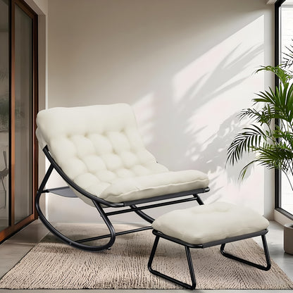 Schommelstoel – Relaxstoel – Fauteuil – Loungestoel – Schommelstoel Met Voetenbank – Katoenen Bekleding – Metalen Frame Draagkracht 150 kg - Wit