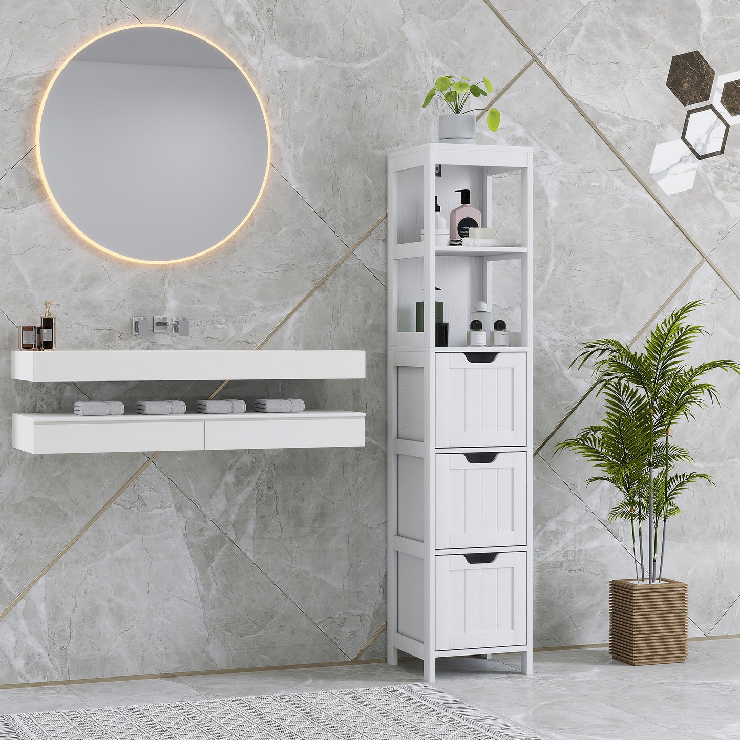 Badkamerkast – Badkamermeubel – Opbergkast – Kolomkast – Wastafelonderkast – Waterbestendig Materiaal – 2 Planken & 3 Lades – Wit