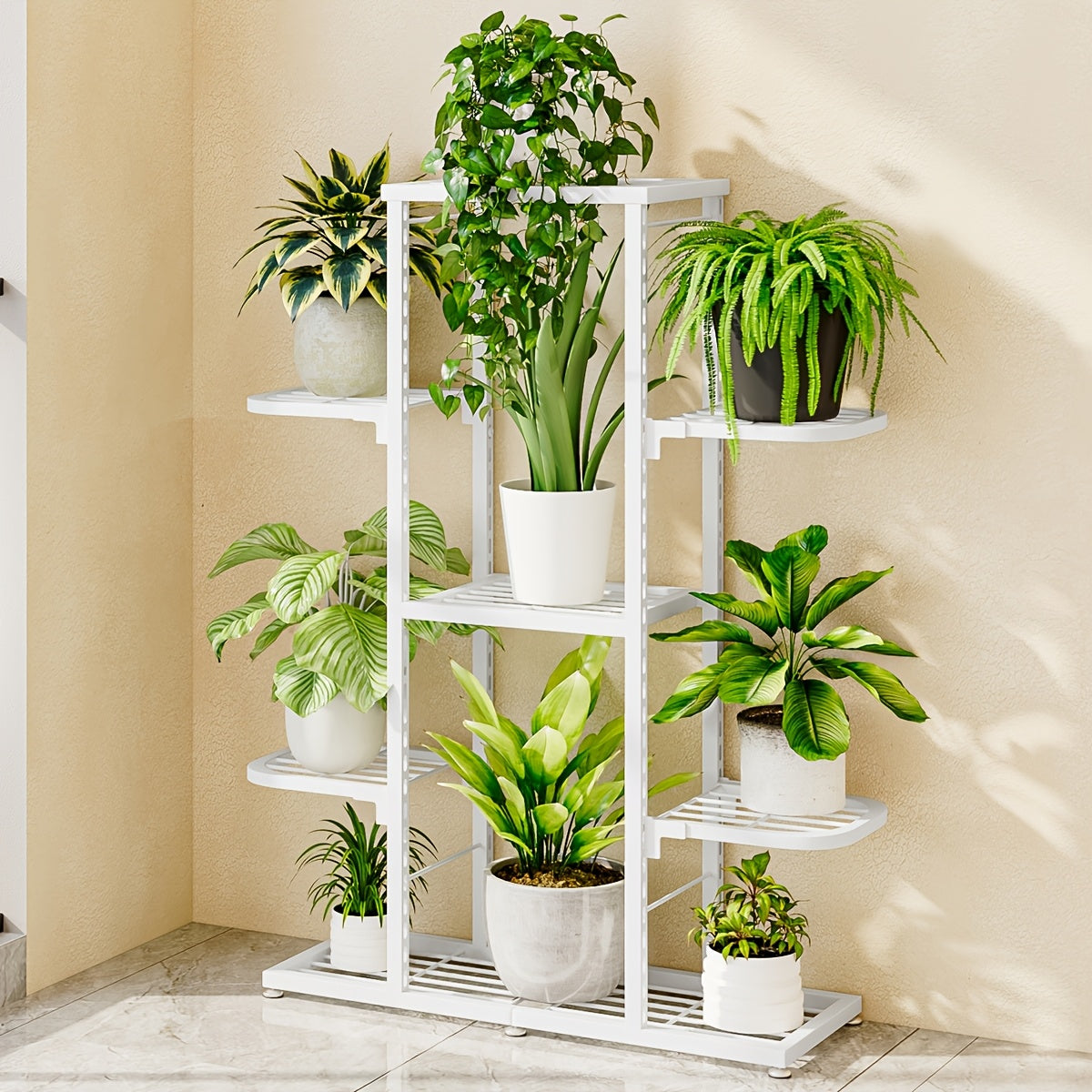 Modern White Metal Plant Stand with Anti-Slip Corner & Protective Foot Pads - Multi-Tier Indoor/Outdoor Flower Shelf, Sturdy Tall Vertical Design for Patio, Garden, Living Room, Bedroom, Balcony - Space-Saving Plant Holder fo