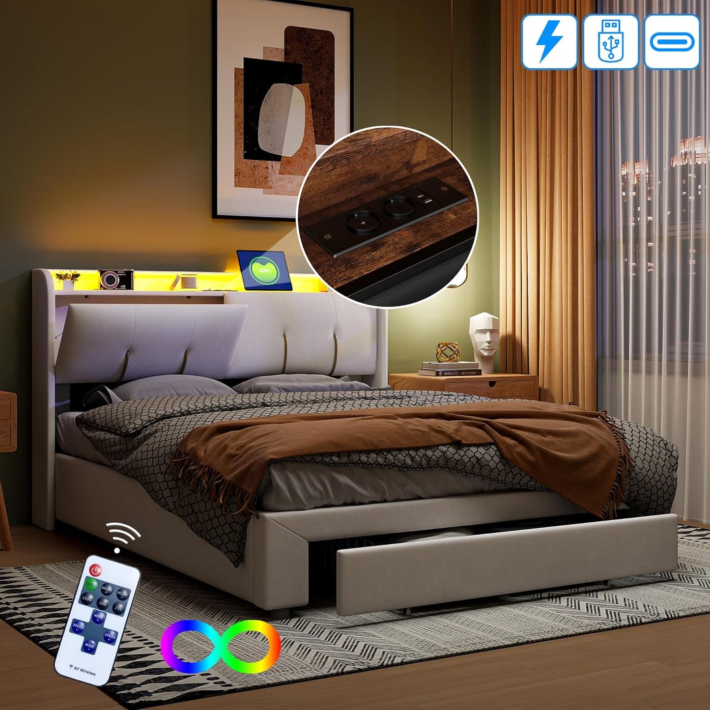 Gestoffeerd Tweepersoonsbed – Boxspringbed – Bedframe – Ledikant – Slaapbank – 160x200 cm – Hydraulische Opbergruimte – LED Hoofdeinde Met USB-poort