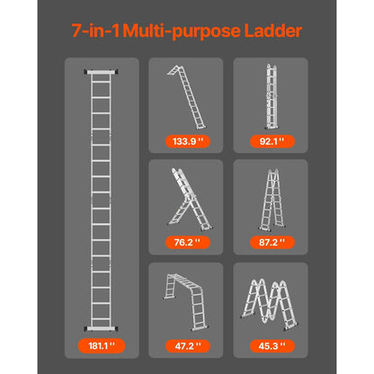 Vouwladder – Multifunctionele Ladder – Opvouwbare Ladder – Telescopische Ladder – Scharnierladder – Aluminium – 7-in-1 Functie – Max. Werkhoogte 4,6 Meter