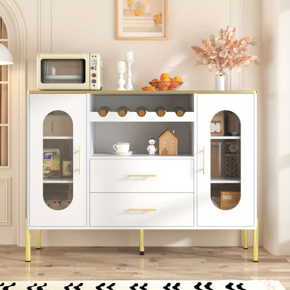 Witte Dressoir – Sideboard – Buffetkast – Opbergkast – Wijnrek – Moderne Witte Uitvoering – Verstelbare Gouden Poten – Glazen Blad