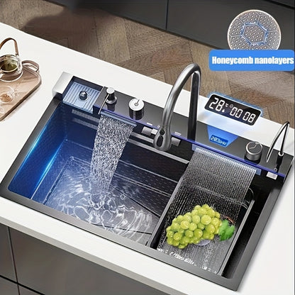 Deluxe Stainless Steel Kitchen Sink - Large Single Basin With Waterfall Feature, Thickened For Durability, Faucet Included - Modern Gunmetal Grey Design. Honeycomb Nano Protective Coating.