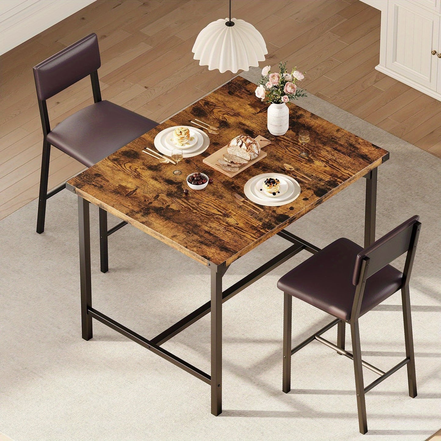 Dining Table Set for 2 W/Footrest & Backrest, Counter Height Table with 2 Bar Chairs, Kitchen Table Set with Corner Protector, for Small Space